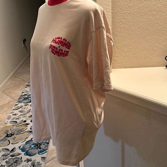 Homme + Femme Unisex S Retro Ringer Graphic Logo Tee Shirt White Red 100% Cotton - Picture 3 of 9